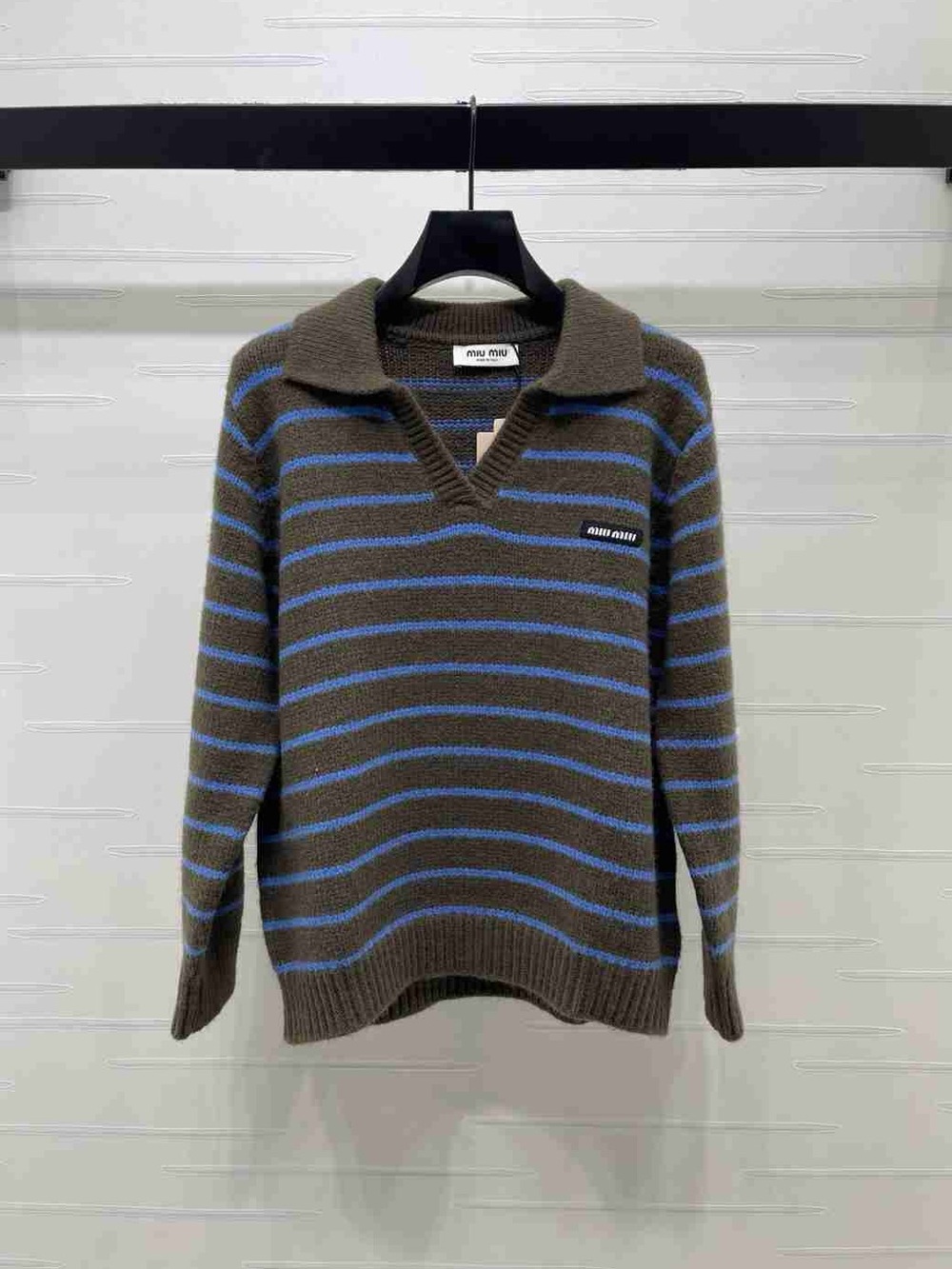 Miu Miu Brown Sweater with Blue Stripes and Polo Collar